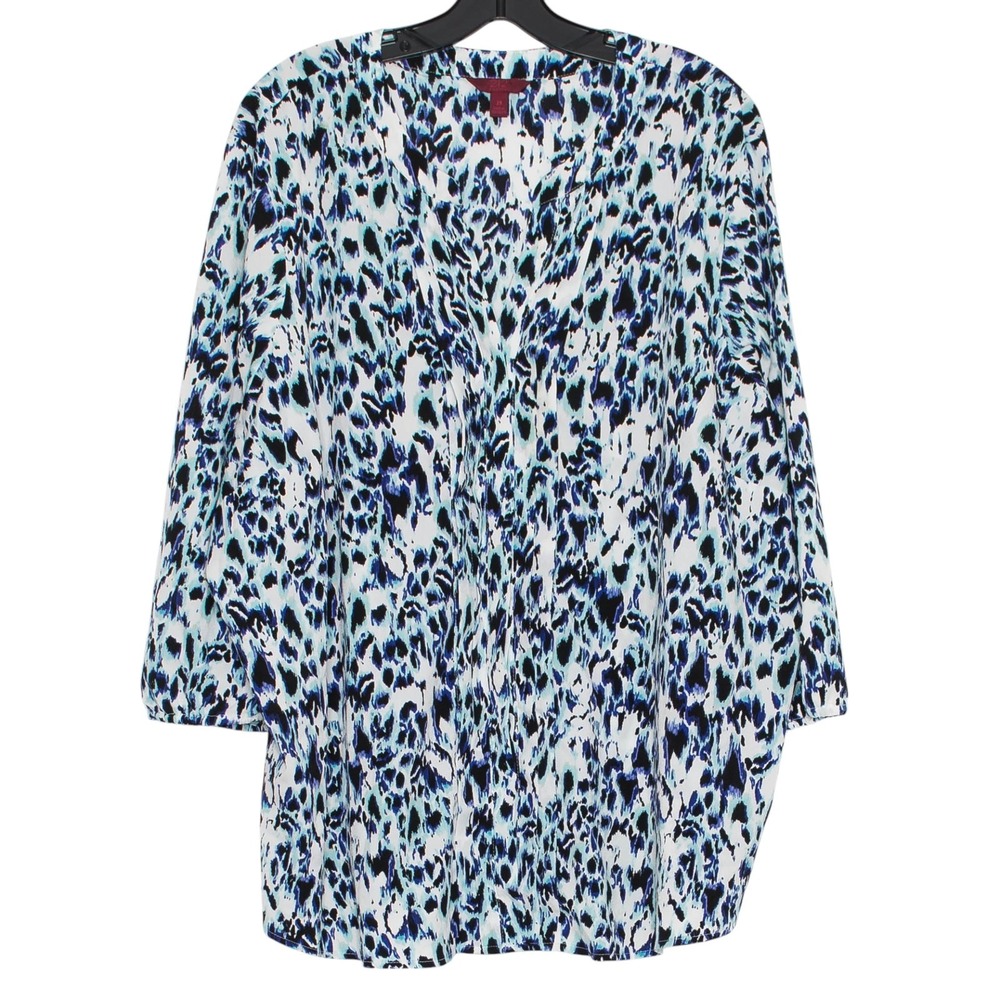 Animal Print Top Button Up Abstract Maximalist Boho Blue 3/4 Sleeve Plus Size 3X
